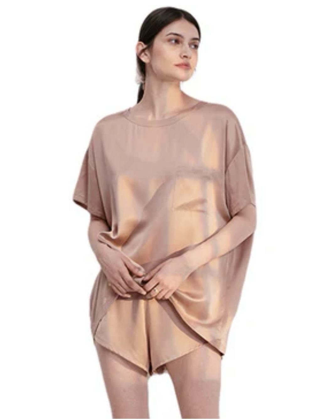 lunya 100% washable silk Relaxed Short Sleeve Top with pocket Blush Pink, size S